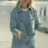 Full front view of the blue denim Battle On The Beach Sarah Denim Jacket highlighting three convenient utility pockets.
