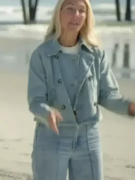 Full front view of the blue denim Battle On The Beach Sarah Denim Jacket highlighting three convenient utility pockets.