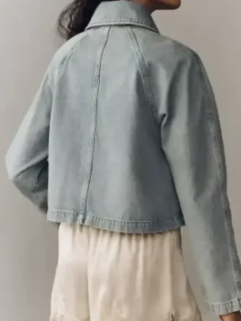 Rear profile view of the blue Battle On The Beach Sarah Denim Jacket showing clean back paneling and fine contrast stitching.
