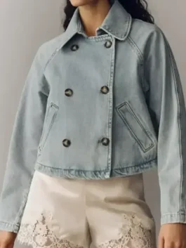 Front view of the blue Battle On The Beach Sarah Denim Jacket highlighting the shirt collar and front flap pockets.