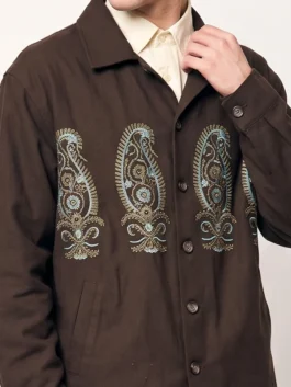 Close-up of the shirt style collar and neat button cuffs on the brown cotton Ben Levi Ross Brown Jacket.