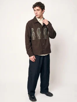 Ben Levi Ross Brown Jacket in premium brown cotton with a shirt style collar and front button closure on a model.