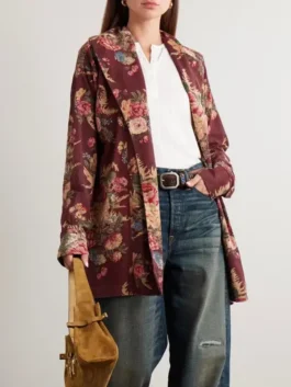Multicolor wool Dutton Ranch Kelly Reilly Roses Duster Jacket featuring a vibrant roses printed pattern, wide lapel collar, and open front style.