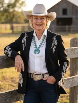 Front profile of the black embroidered Dutton Ranch Annette Bening Floral Blazer showcasing full length sleeves and clean blazer tailoring.