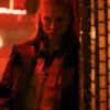 Maroon cotton Blade Runner 2099 Hunter Schafer Cropped Jacket featuring a wide lapel collar and front zipper closure.