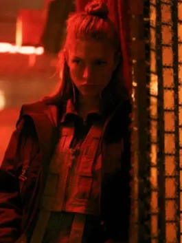 Maroon cotton Blade Runner 2099 Hunter Schafer Cropped Jacket featuring a wide lapel collar and front zipper closure.