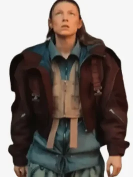 Front view of the maroon cotton Blade Runner 2099 Hunter Schafer Cropped Jacket showcasing full length sleeves and a stylish cropped hem.