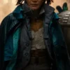 Blue parachute fabric Blade Runner 2099 Michelle Yeoh Coat featuring a sleek stand up collar and front zipper closure.