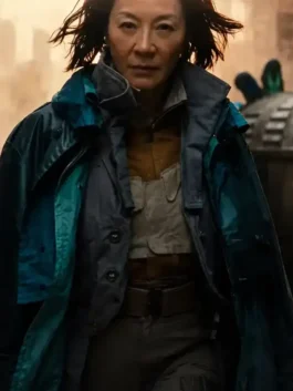 Blue parachute fabric Blade Runner 2099 Michelle Yeoh Coat featuring a sleek stand up collar and front zipper closure.