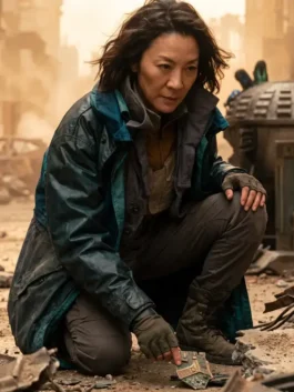 Front view of the blue parachute Blade Runner 2099 Michelle Yeoh Coat showcasing full length sleeves and crisp long line tailoring.