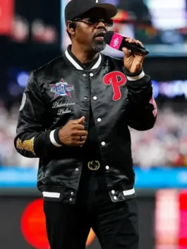 Black Boyz II MLB All Star Game Satin Jacket highlighting the smooth comfort and casual athletic drape.