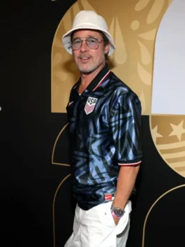 Black with blue stars Brad Pitt Word Cup USA Stars Jersey celebrating Brad Pitt's iconic show of support for the USMNT at the 2026 World Cup