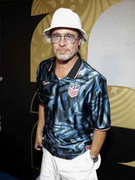 Black with blue stars Brad Pitt Word Cup USA Stars Jersey worn by Brad Pitt celebrating USA football culture at the 2026 FIFA World Cup