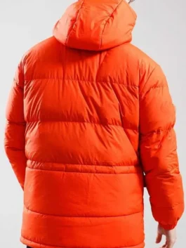 Back view of the orange parachute fabric Brassic Tom Hanson Puffer Hooded Jacket showing full length sleeves and hooded collar.