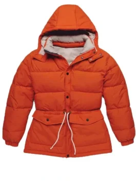 Front view of the orange parachute fabric Brassic Tom Hanson Puffer Hooded Jacket detailing the zipper and button closure.