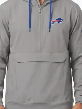 Grey polyester Buffalo Bills Sideline Broken Rules Jacket featuring a hooded collar and half zipper closure.