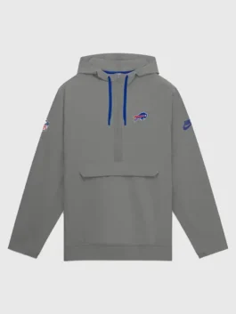 Grey polyester Buffalo Bills Sideline Broken Rules Jacket showcasing full length sleeves and an anorak pullover cut.