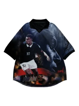 Front view of the CJ X Nike Athletes Mbappe Retro Jersey putting the full CJ x Nike x Mbappé retro design on bold display