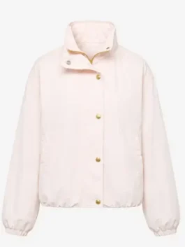 Front view of the blush pink cotton Caitlin Clark Fever vs Liberty Bomber Jacket showcasing elastic cuffs and button front.