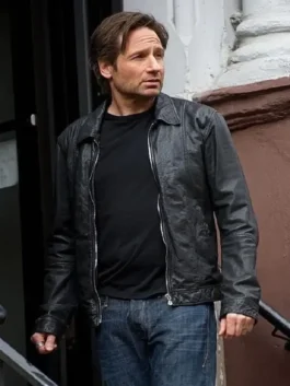 Closure view of Californication Hank David Duchovny Jacket showcasing premium fastening details and quality craftsmanship
