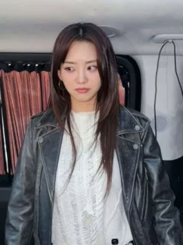 Black real leather Head Over Heels Cho Yi-hyun Leather Jacket featuring a lapel collar and front zipper closure.