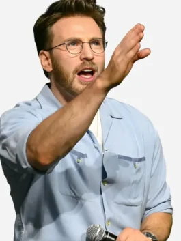 Light blue cotton Comic-Con 2026 Chris Evans Shirt featuring a classic shirt style collar and front button closure.