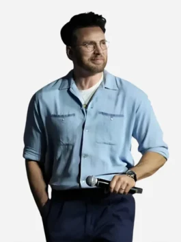 Front profile of the light blue cotton Comic-Con 2026 Chris Evans Shirt showcasing short sleeves and clean button tailoring.