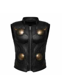 Full view of the black real leather Avengers Doomsday Thor Black Leather Vest showcasing its stand up collar and sleek design.