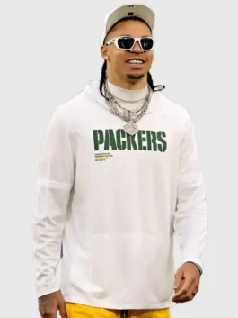 Front view of the white Christian Watson Packers White Hoodie highlighting full length sleeves and classic hoodie silhouette.