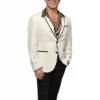 Christopher Gattelli White Blazer in white suiting fabric with a lapel collar, black piping, and button closure.