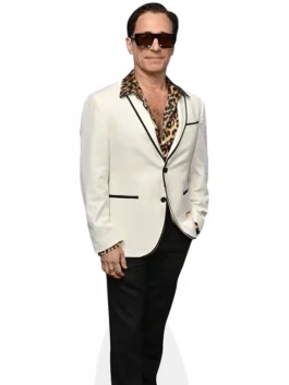 Christopher Gattelli White Blazer in white suiting fabric with a lapel collar, black piping, and button closure.