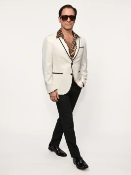 Front view of the Christopher Gattelli White Blazer showing the white suiting fabric, lapel collar, and buttons.