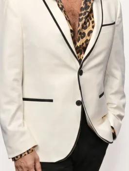 Close-up of the black piping and lapel collar on the white suiting Christopher Gattelli White Blazer.