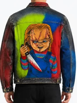 Back view of the multicolor Chucky Denim Jacket revealing the full Chucky inspired design on this iconic Halloween horror denim streetwear piece