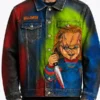 Front view of the multicolor Chucky Denim Jacket putting the full iconic Chucky Halloween horror inspired denim design on bold display