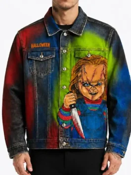 Front view of the multicolor Chucky Denim Jacket putting the full iconic Chucky Halloween horror inspired denim design on bold display