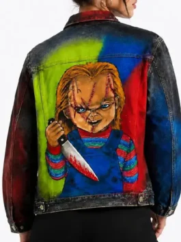 Back model view of the multicolor Chucky Denim Jacket showcasing the full fit and bold Chucky Halloween inspired design on this iconic denim piece