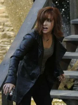Claudia Donovan Warehouse 13 Season 4 Black Leather Coat featuring premium black leather, elegant tailoring, and modern long coat styling