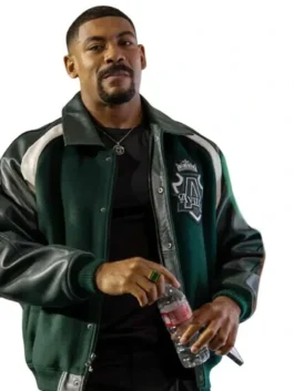 Close-up of the green wool body with leather sleeves Comic-Con 2026 Aaron Pierre Varsity Jacket detailing the shirt collar and dual closure.