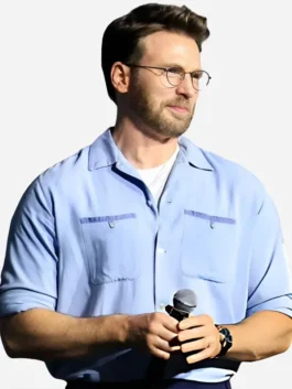 Close-up front view of the light blue cotton Comic-Con 2026 Chris Evans Shirt detailing the shirt style collar and front buttons.