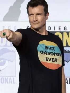 Black polyester Comic-Con 2026 Nathan Fillion T-Shirt with round neck collar and half sleeves.