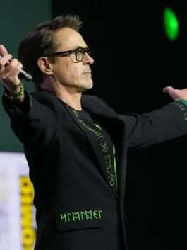 Black suiting fabric Robert Downey Jr Comic-Con 2026 Black Blazer featuring a lapel collar and button closure.