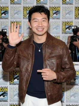 Brown real leather Simu Liu ComicCon Brown Leather Jacket featuring a classic shirt style collar and zipper closure.