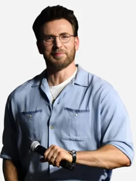 Full front view of the light blue cotton Comic-Con 2026 Chris Evans Shirt highlighting two functional chest pockets.
