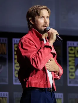 Close-up front view of the red denim Ryan Gosling ComicCon Red Denim Jacket detailing the shirt style collar and button front.