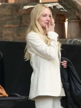 Lindsay Lohan inspired Count My Lies Violet Lockhart Blazer in off white featuring long sleeves and five pockets.
