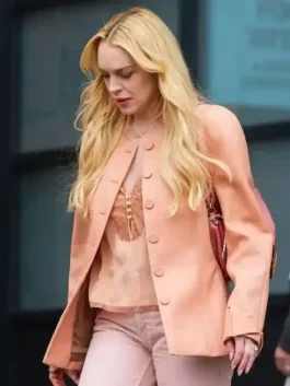 Lindsay Lohan inspired Count My Lies Violet Lockhart Wool Jacket in soft coral pink with neat tailored buttons.