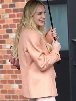 Count My Lies Violet Lockhart Wool Jacket in premium coral pink wool featuring a round neck and front button closure.