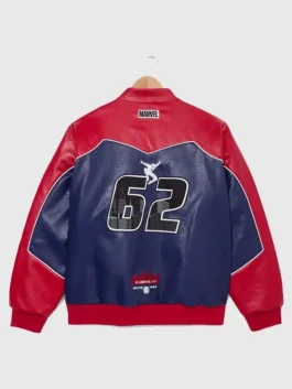 Red and blue real leather Cristian Andres SpiderMan Jacket featuring an erect collar and front zipper closure.