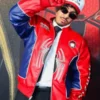 Red and blue real leather Cristian Andres SpiderMan Jacket showcasing full length sleeves with rib knitted cuffs.